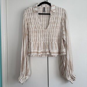 Anthropologie Striped Smocked Cropped Blouse Top Long Sleeve Beige White XS